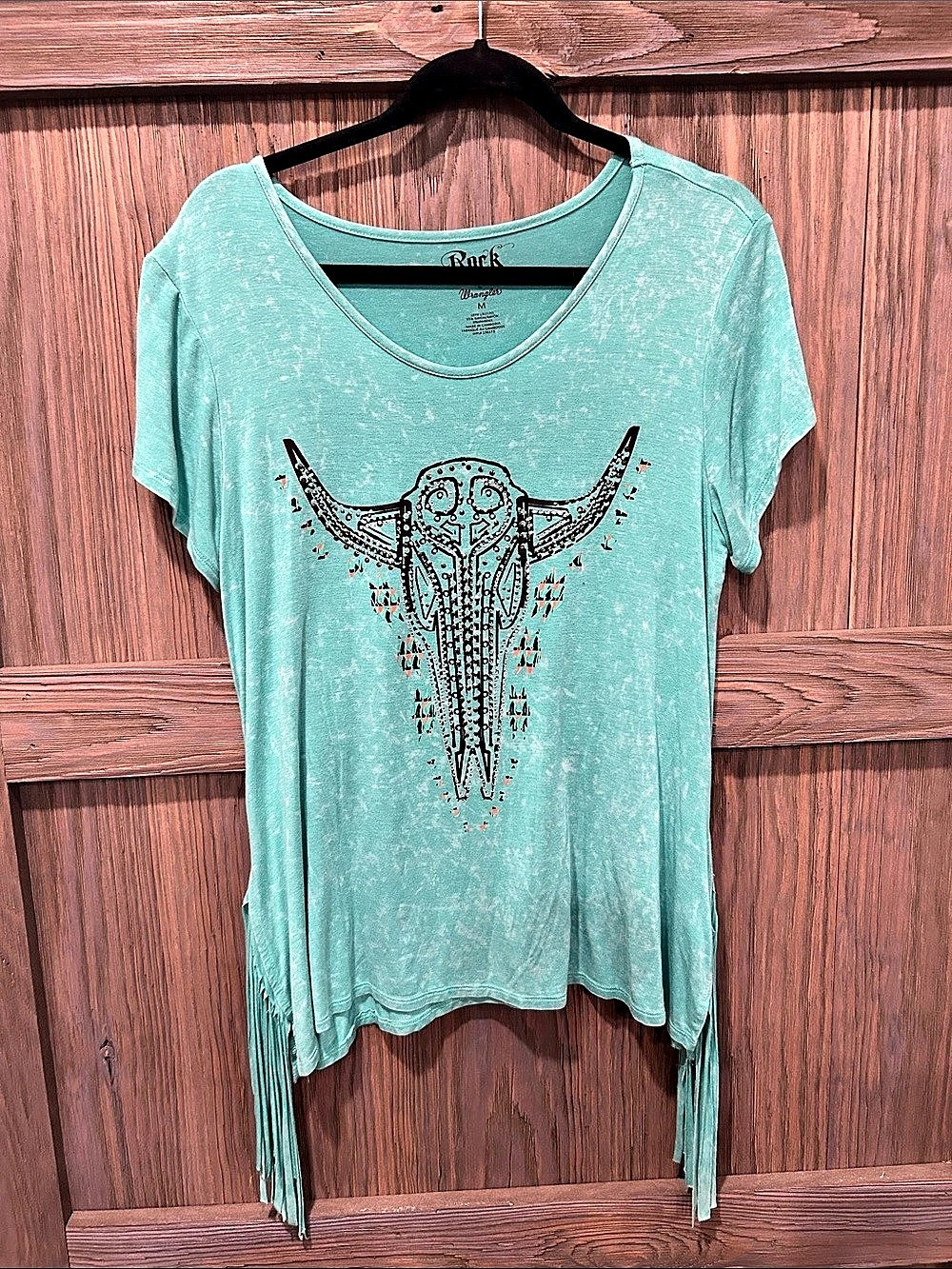 Rock & Wrangler graphic rhinestone fringe tee Size Medium Green